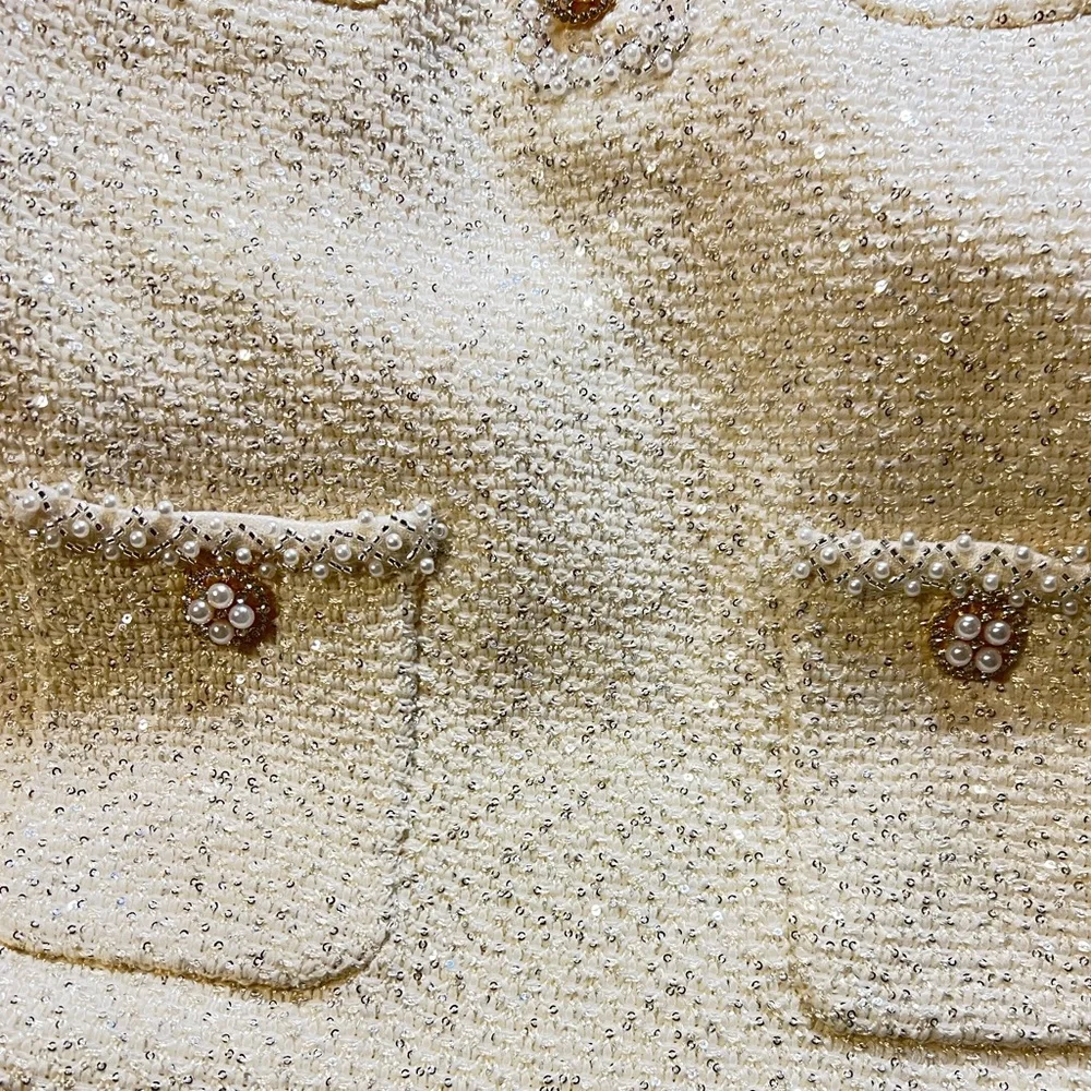 Self Portrait 2023 collection Cream Sequin Knit Pearl Mini Dress Size M - Picture 9 of 11